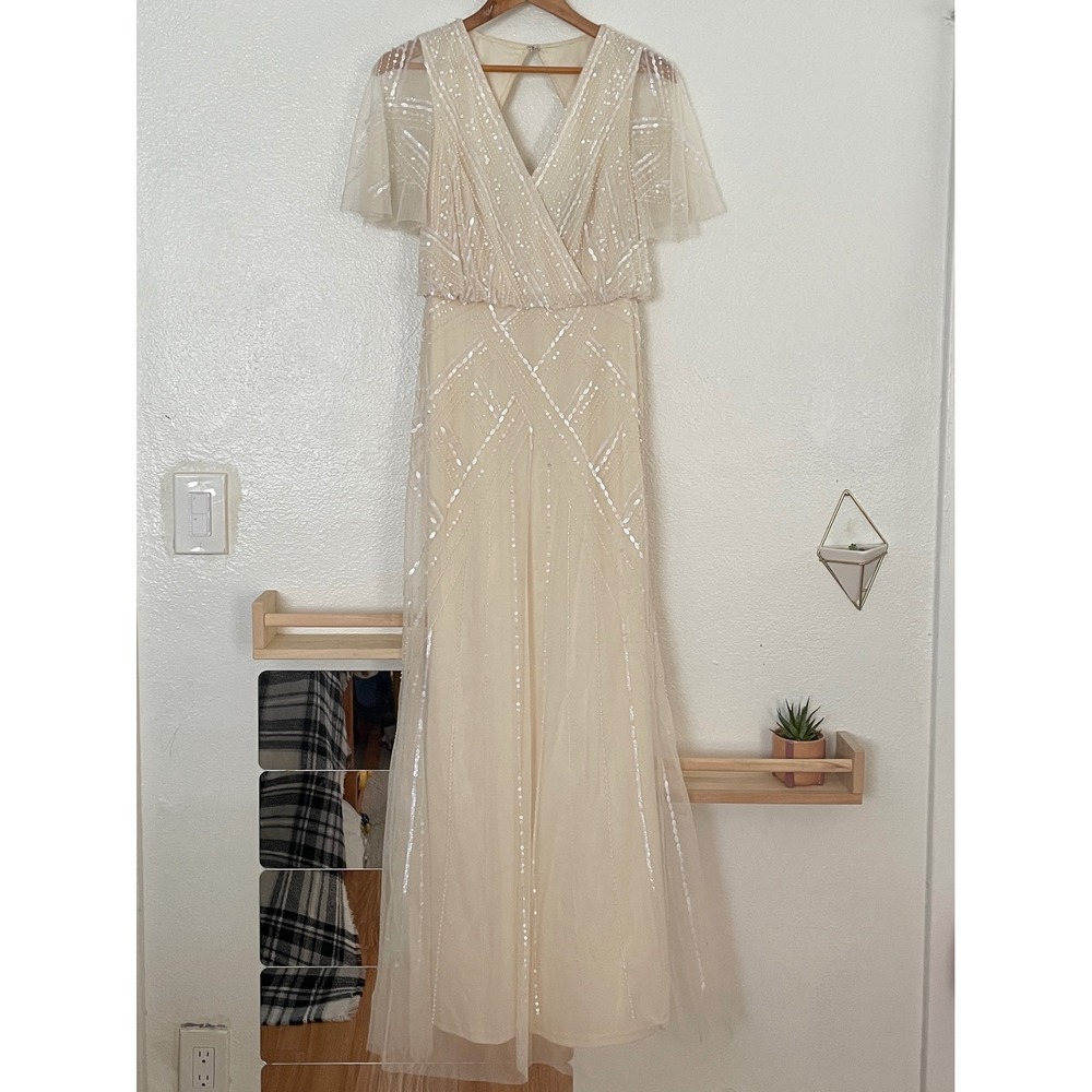 Adrianna Papell Beaded‎ Sequin Maxi Dress Champagne Art Deco Flutter Sleeve 2